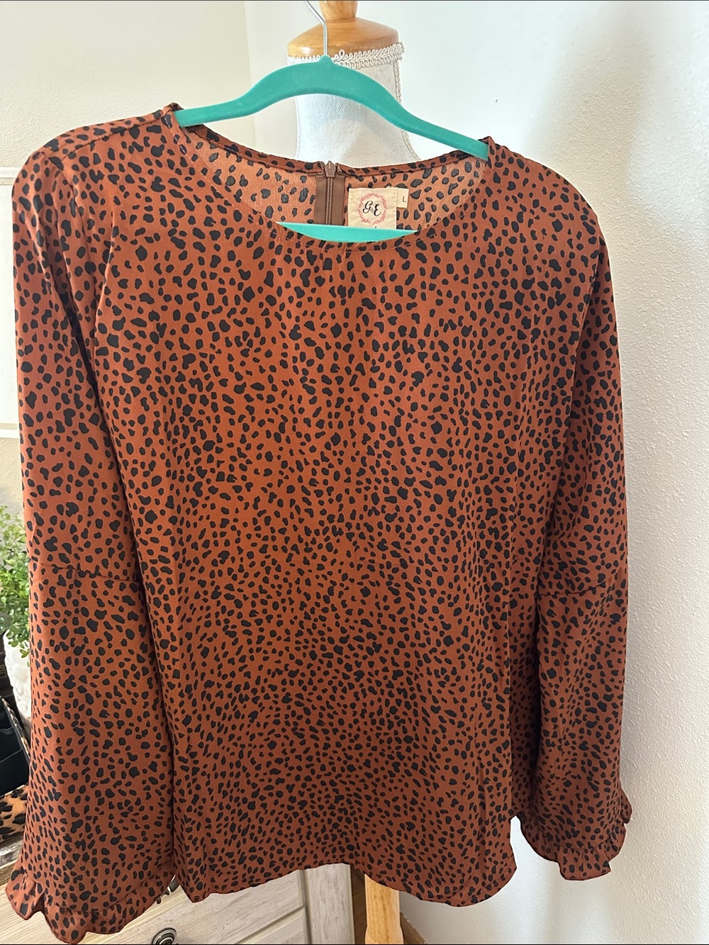 Rust Leopard-Print Long Sleeve Blouse - Casual to Office